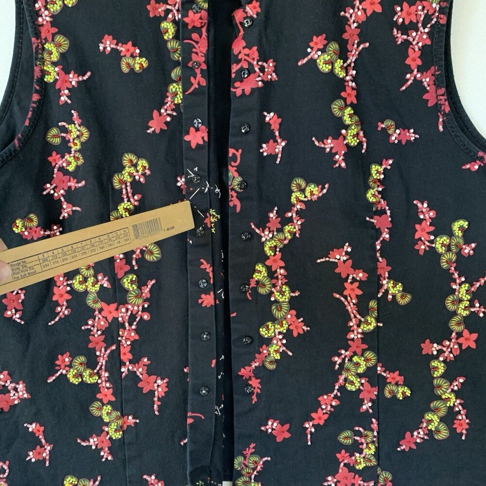 British Khaki Vest Women 1X Black Denim Snap Buttons Beaded Boho Artsy Floral - Picture 8 of 16
